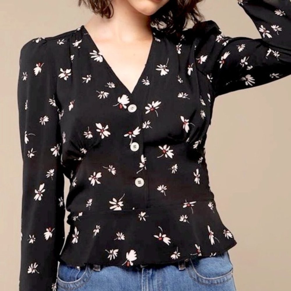 Rouje Mimi Top Black Floral Print Button Front Blouse Puff Shoulder H4